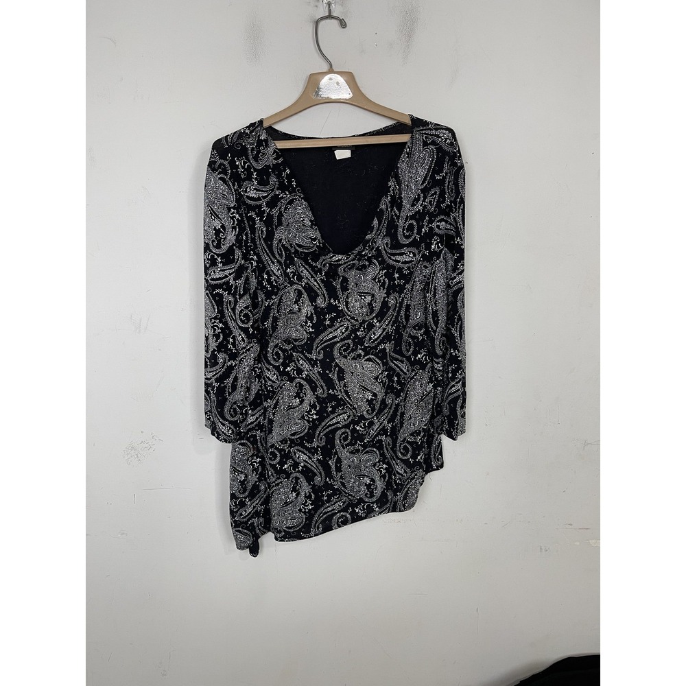 MSK Women 1X‎ Black Silver Paisley Metallic V-Neck 3/4 Sleeve Blouse Top